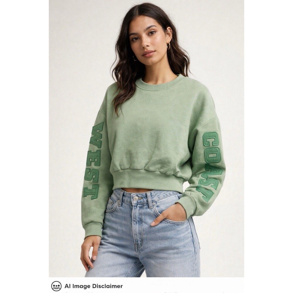 Sage Green Cropped Sweatshirt  West & Coast Embossed Sleeves Size Large NEW